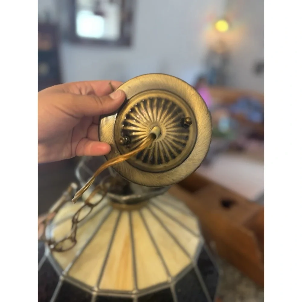 Vintage Leaded Slag Stained Glass Hanging Ceiling Light Swag Lamp